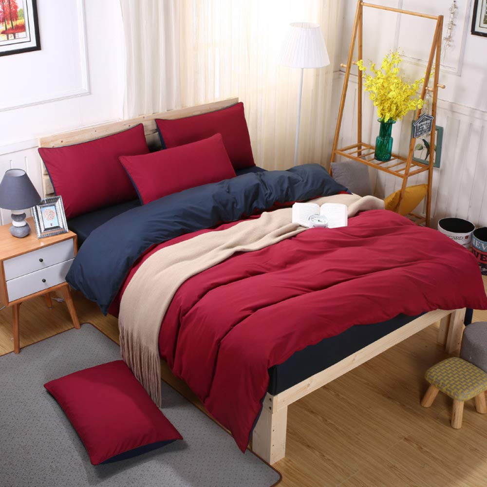 Literie Double en Coton Massif (avec Fermeture à glissière, taie d'oreiller) Contenant 4 pièces Rouge + Bleu foncé Housse de Couette 150x200cm Drap de lit 160x230cm