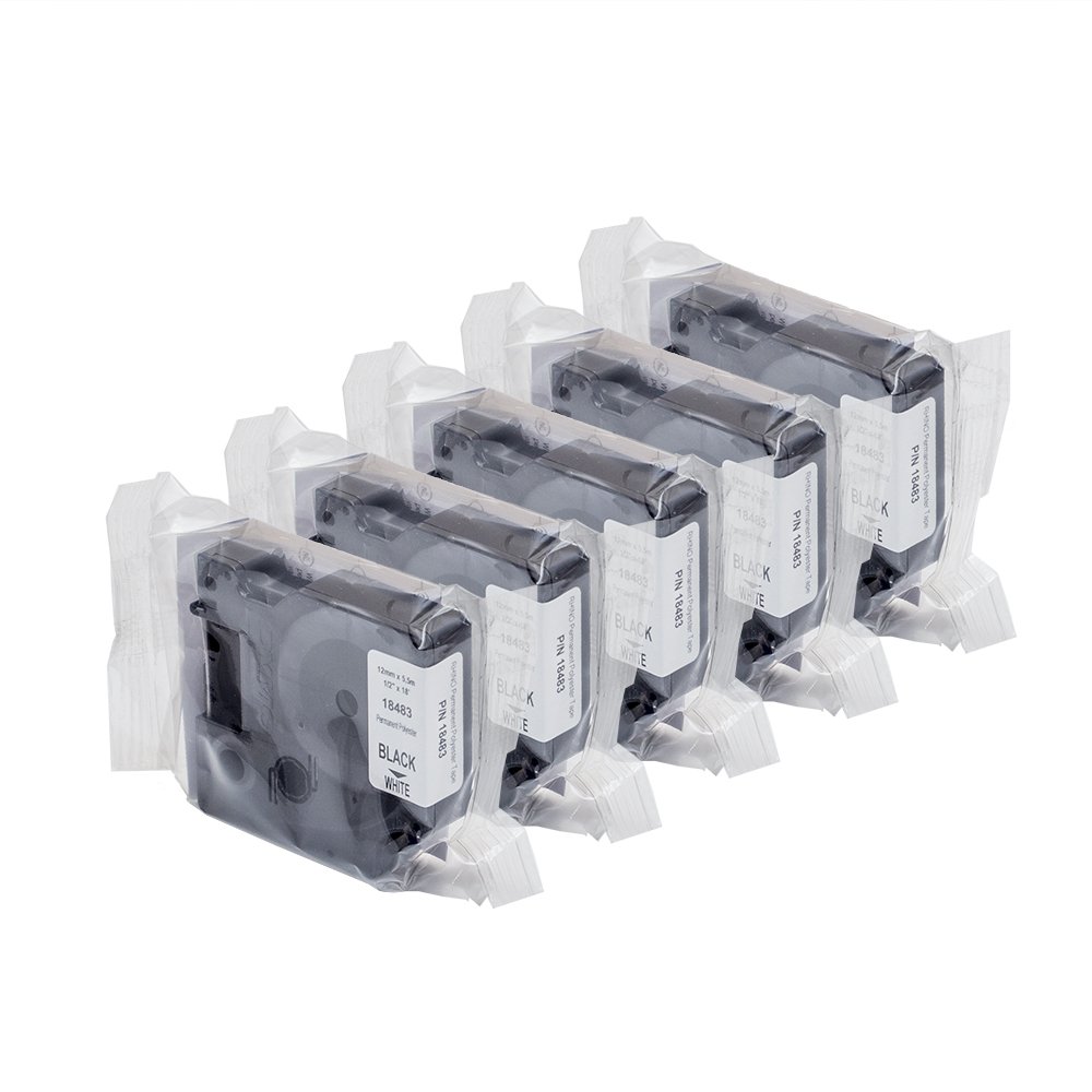 5 x Dymo 18483 Rhino industrial-strength Permanent Stoff Label Klebeband, 12 mm x 5,5 m Kassette schwarz Druck auf wei + Papermate Kugelschreiber Geschenk