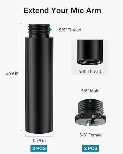 Miniatura 2 de InnoGear Tubo de extensión de soporte de micrófono, 2 piezas de 58 pulgadas de rosca de micrófono extensor de micrófono con 2 adaptadores de metal