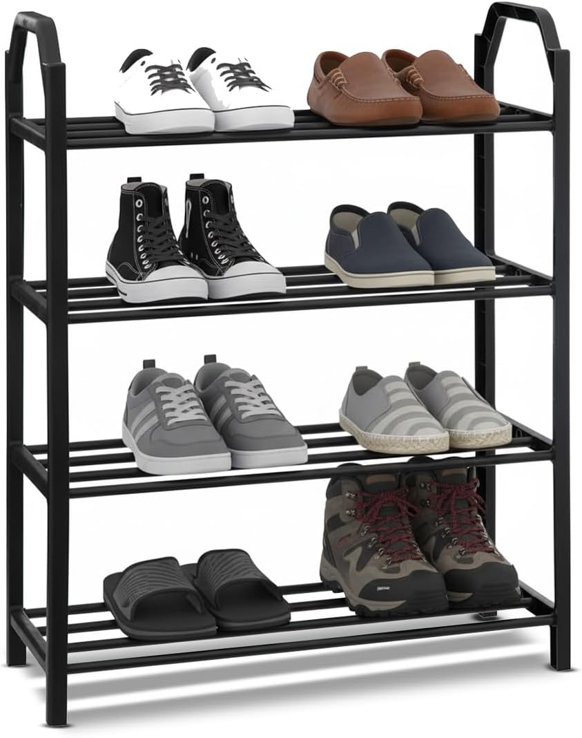 4 Tier Reinforced Plastic Shoe Rack for Home and Entrance, Easy to Assemble and Clean, Ideal as a Slim Shoe Rack and Multi-Purpose Organizer