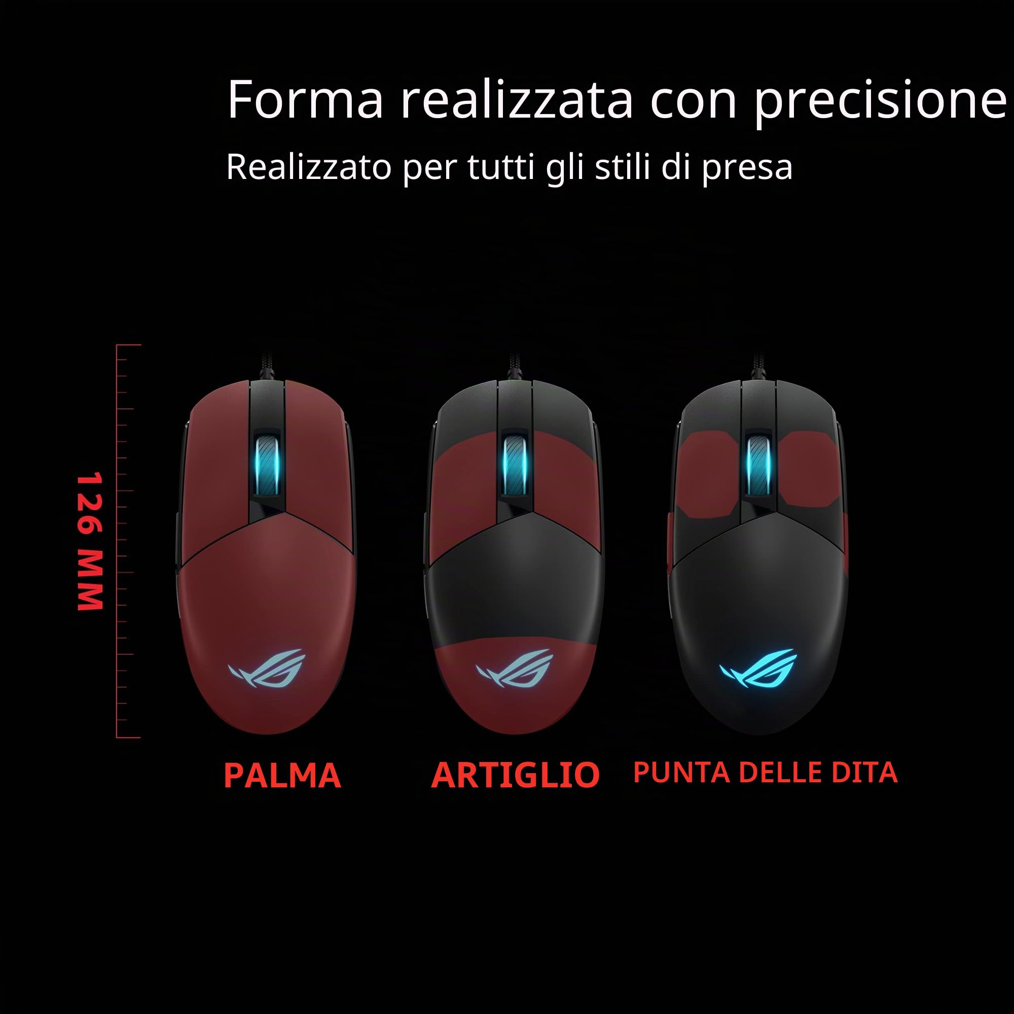 ASUS ROG Strix Impact III Gaming Mouse, Semi-Ambidestro, Wired, Leggero, Sensore 12000 DPI, 5 Pulsanti programmabili, Interruttori sostituibili, Cavo Paracord, Mouse da gioco FPS, Nero