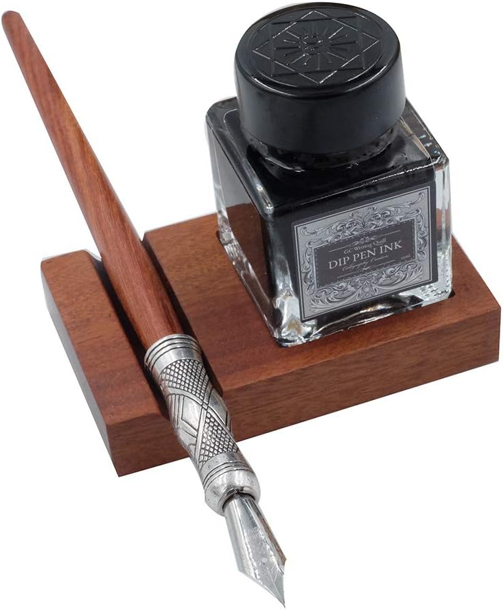 GC QUILL Antique Wooden Stem Pen Handcrafted Calligraphy Pen Set Dip Nib Pens-Writing Case With Black Ink Pen Wooden Holder Cartridges LL-184