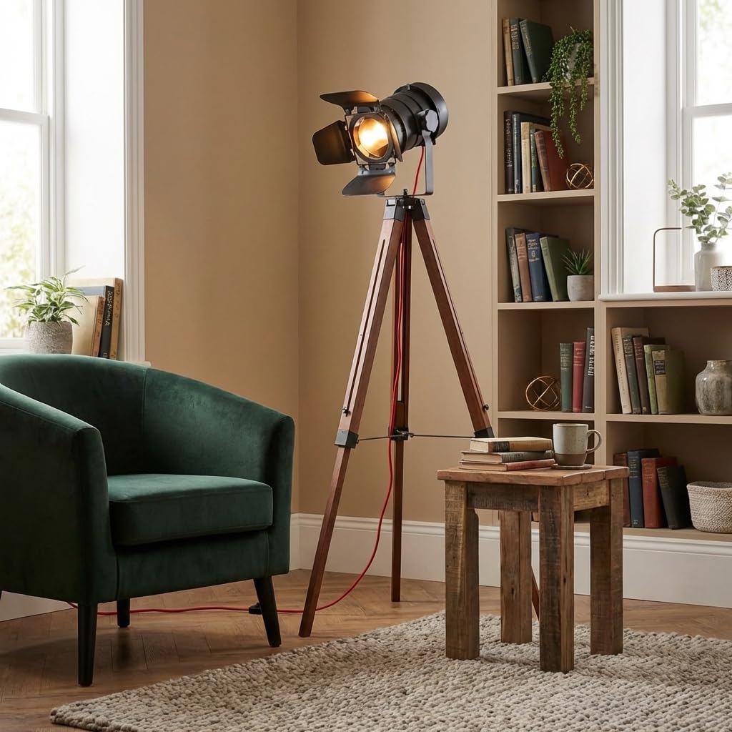 BARCELONA LED Lampe sur pied trépied noire et bois réglable, hauteur ajustable, lumière orientable, style moderne et vintage industriel, idéale pour salon, chambre, bureau, escalier, restaurant