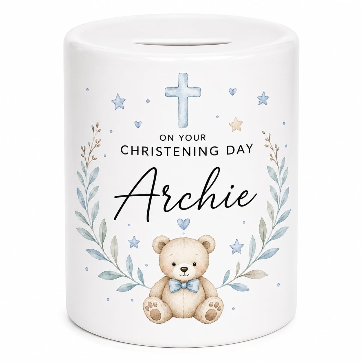 Personalised Christening Ceramic Money Box – Custom Baby Keepsake Coin Pot – Teddy Bear Christening Gift for Boys & Girls (Blue Chrisening Money Box) — image 1