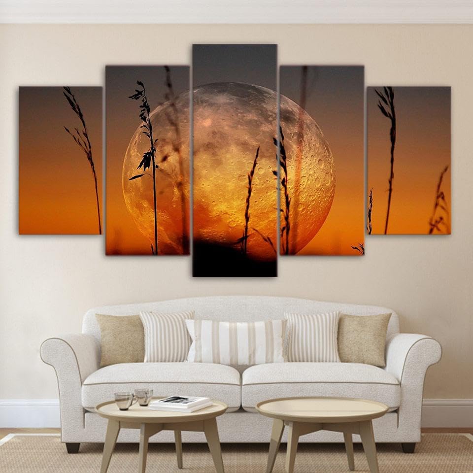 Toile peinture grande lune rouge decoration murale 5 parties tableau cuisine salon