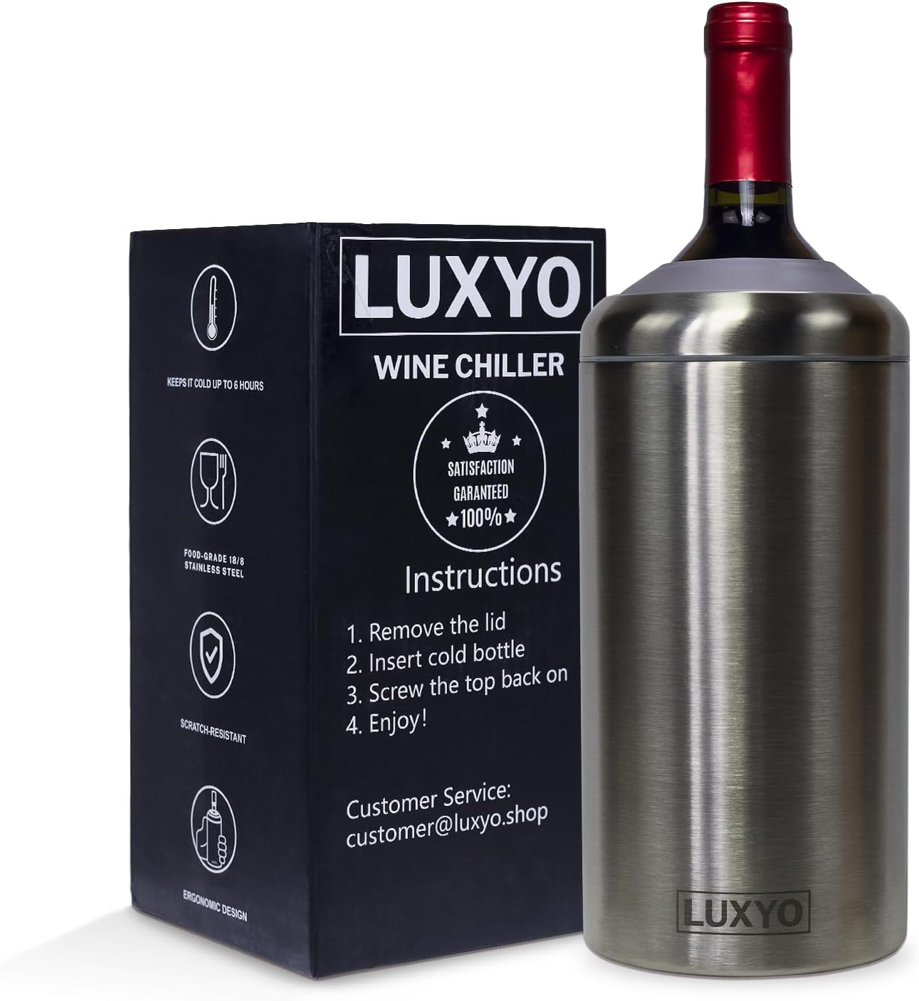 LUXYO Wine Bottle Chiller – Portable Insulated Champagne Cooler for 750ml Bottles, Stainless Steel Double Wall Bucket for Hosting, Gifts & Outdoor Use