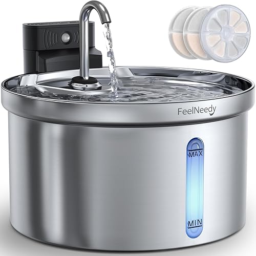Fuente de agua inalámbrica para gatos [Separación de agua y batería] FEELNEEDY Dispensador automático de agua para mascotas de acero inoxidable,