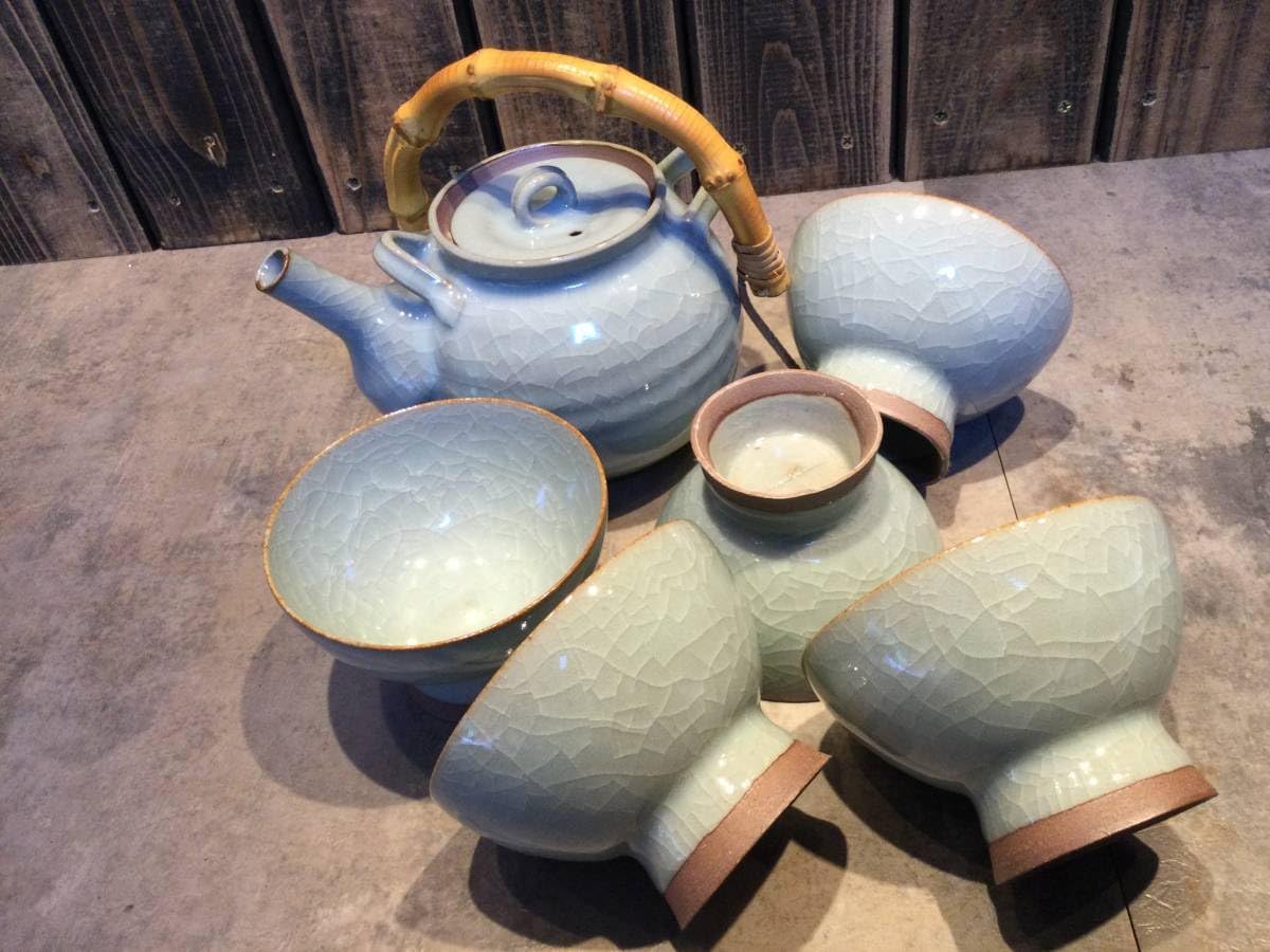 青磁 荘山窯 林荘山 土瓶茶器 5客セット 煎茶揃 茶器揃 ガラス状