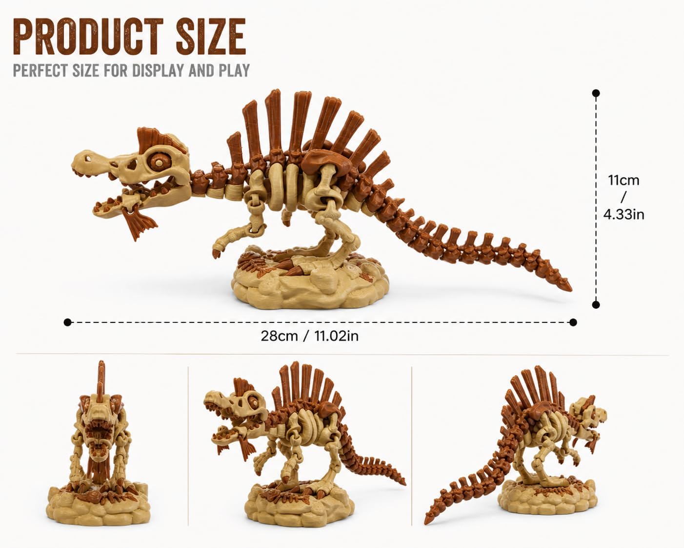 Articulated Spinosaurus Skeleton Model, 3D Printed Poseable Dinosaur Figure with Display Stand (Spinosaurus, XL)