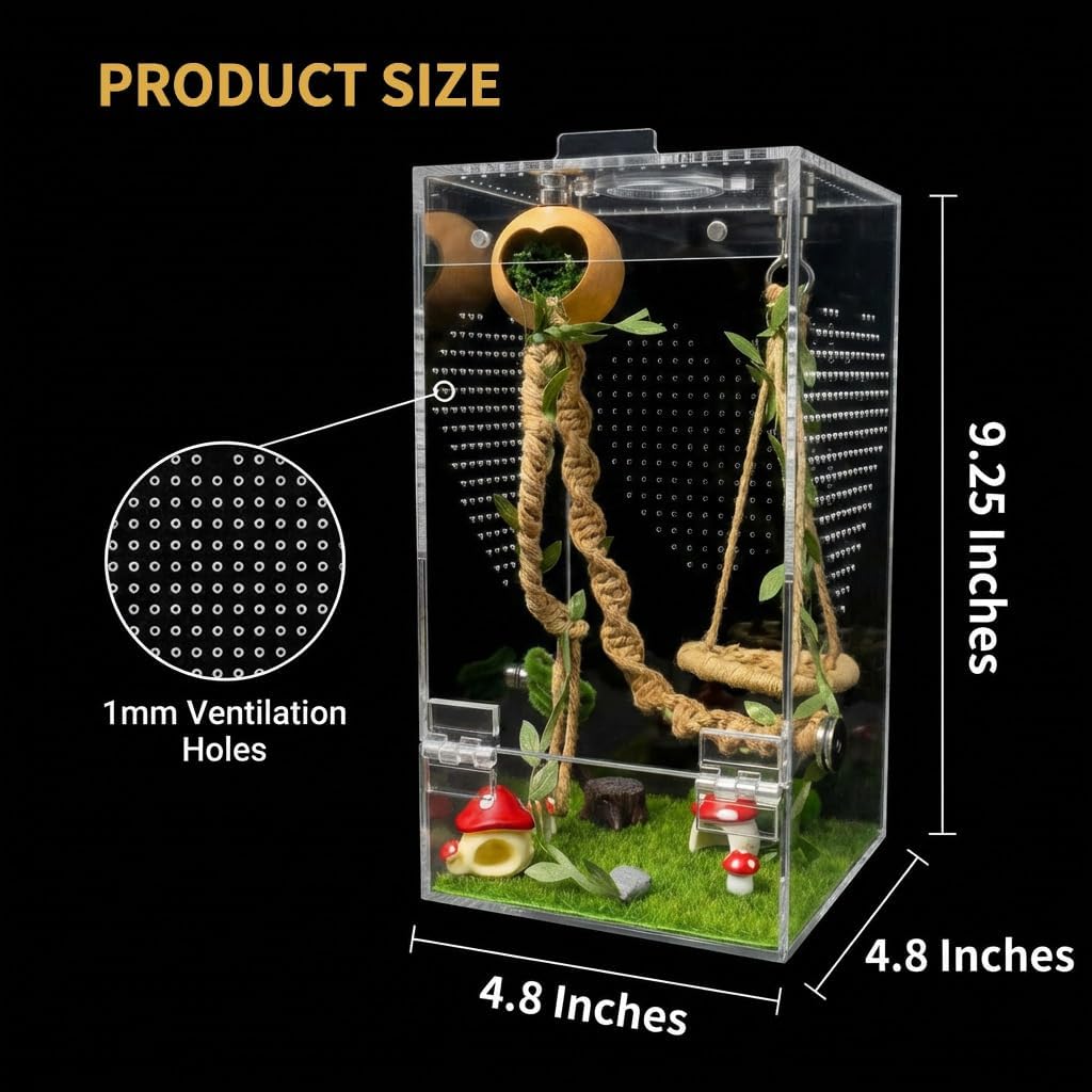 Jumping Spider Enclosure Kit, Pre-Assembled Acrylic Spider Terrarium with Magnetic Door, 19PCS Accessories, Starter Habitat for Jumping Spiders 4.8 x 4.8 x 9.25 Inches
