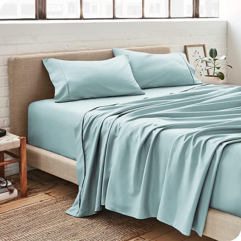 Image of Single Size Cotton Bed Sheet with Pillow Cover - Solid Blue 600 Thread Count - 2 Piece Set