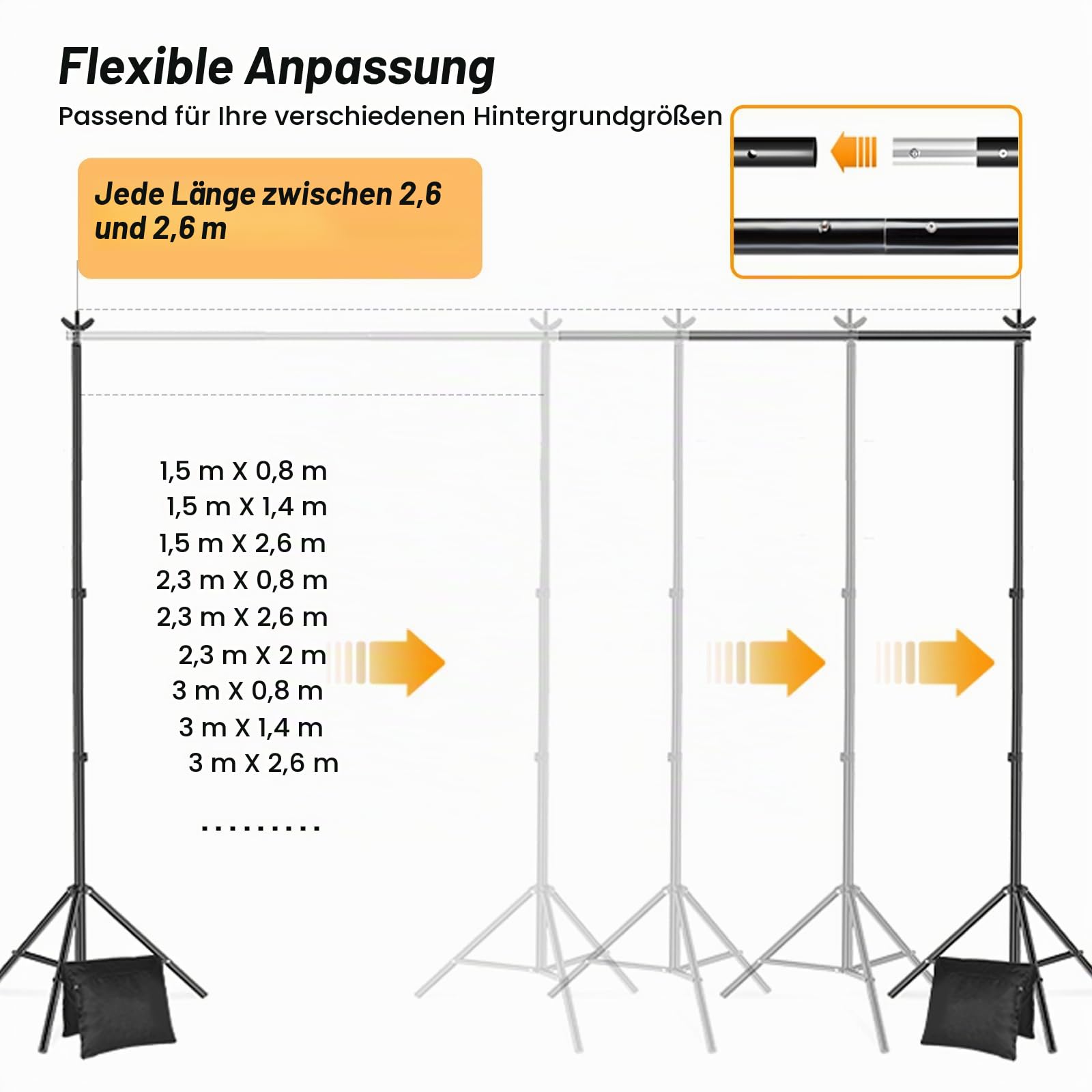 2.6x3m Fotostudio Hintergrundsystem Verstellbares Fotohintergrundständer Set für Fotografie Party mit 1 Tragetasche, Stützsystem Ständer für Fotos, Videos, Studio，6 Frühling Klemmen, 2 Sandsäcke