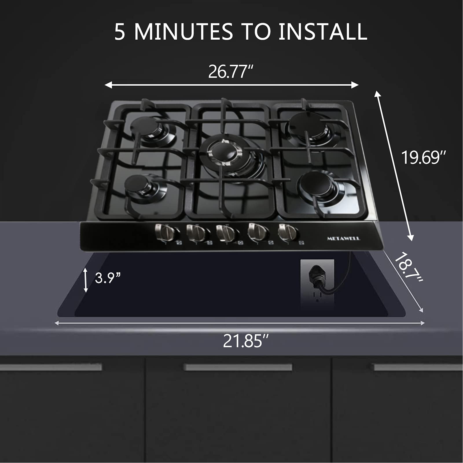 METAWELL 27 inch Gas Cooktop 5 Burner Built In Gas Cooktop, Black