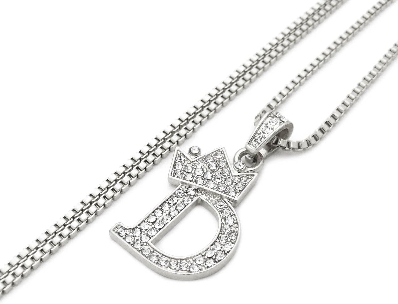 Fashion 21 Unisex Small Size Pave Initial Alphabet Letter Pendant 24" Box Chain Necklace & Earring Set (D Set/Silver)