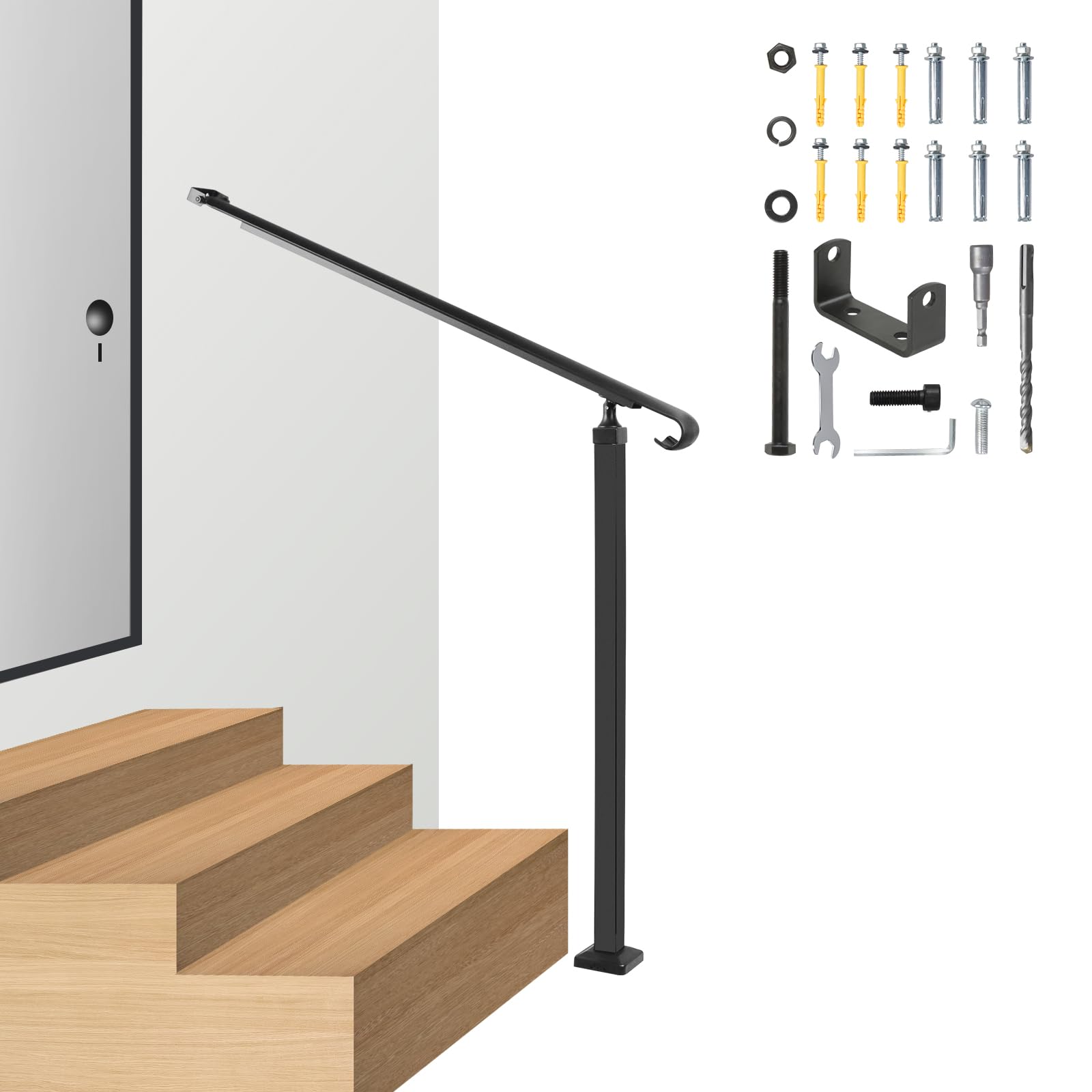 Outdoor Handrails for Outdoor Steps, Wall&Floor Mounted Aluminium Alloy Handrail, 3 Step Railings for Outdoor Steps, Stair Railing with Installation Kit Stair Handrail (3 Steps)