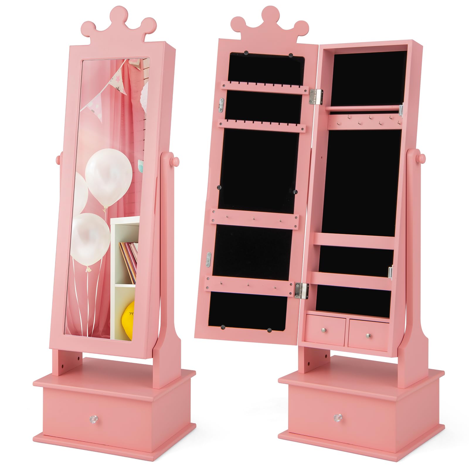 COSTWAY Armadio Gioielli per Bambini 3+ Anni con Specchio, Armadietto Portagioie da Terra con 3 Cassetti, Ideale per Camera da Letto (Rosa)