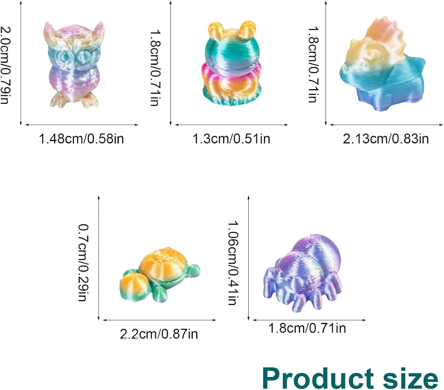 Zestaw figurek zwierząt z nadrukiem 3D, 2 cm, gradientowy kolor, mini nadruk 3D, zwierzęta, luzem (sowa, żaba, nosorożec, pająk i żółw), przyjazne dla środowiska małe zwierzęta do nagród klasowych i