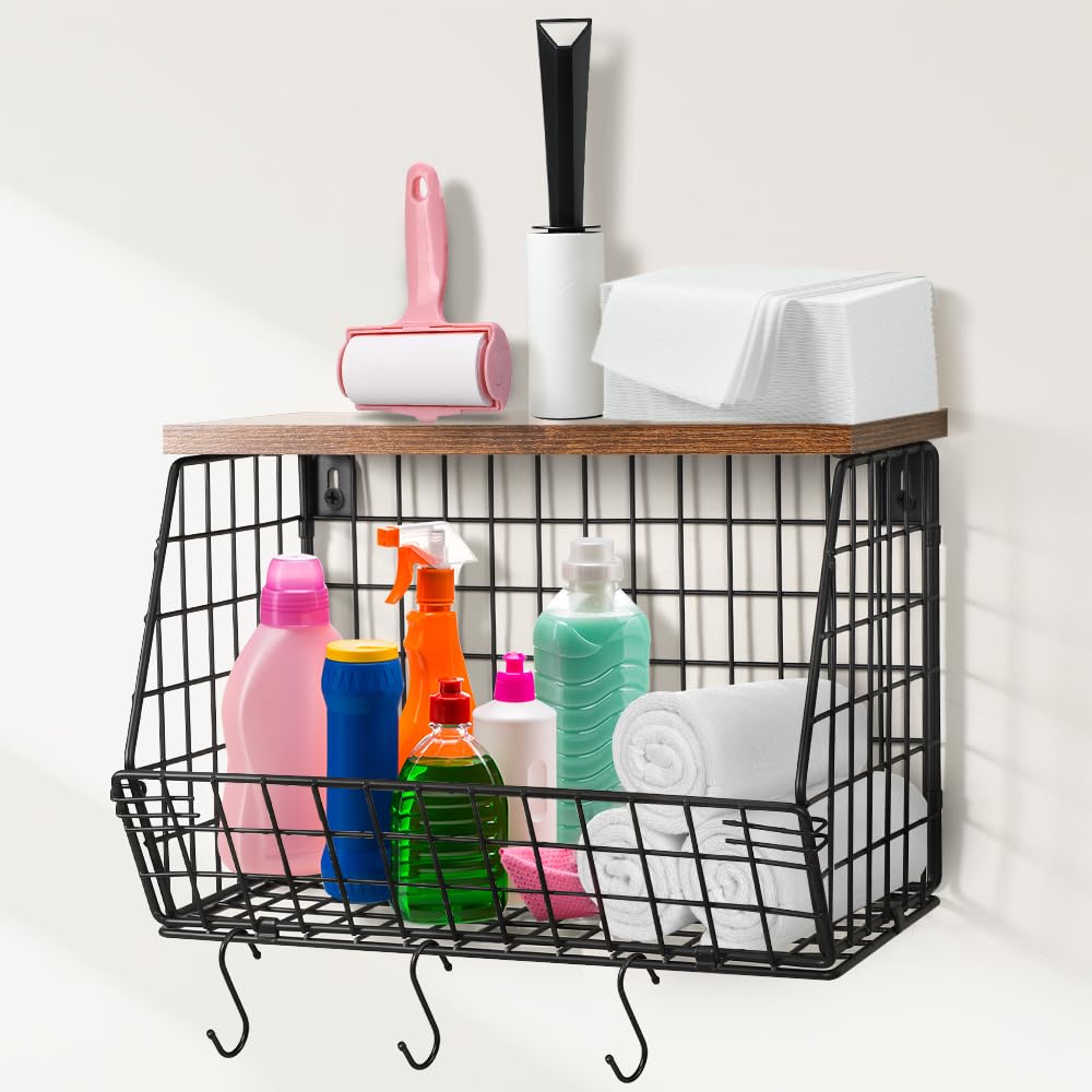 Wall-Mounted Laundry Shelves with Metal Baskets