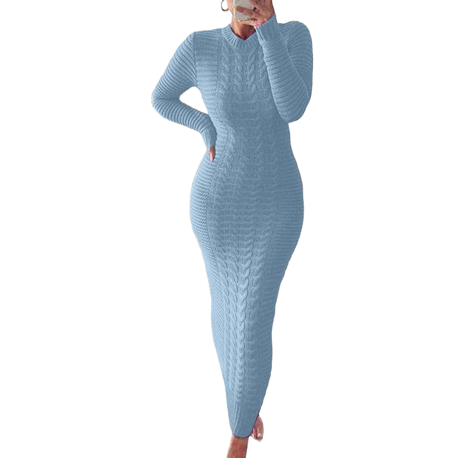 Womens Sexy Long Sleeve Sweater Dress Crewneck Cable Knit Bodycon Maxi Pullover Sweater Dress