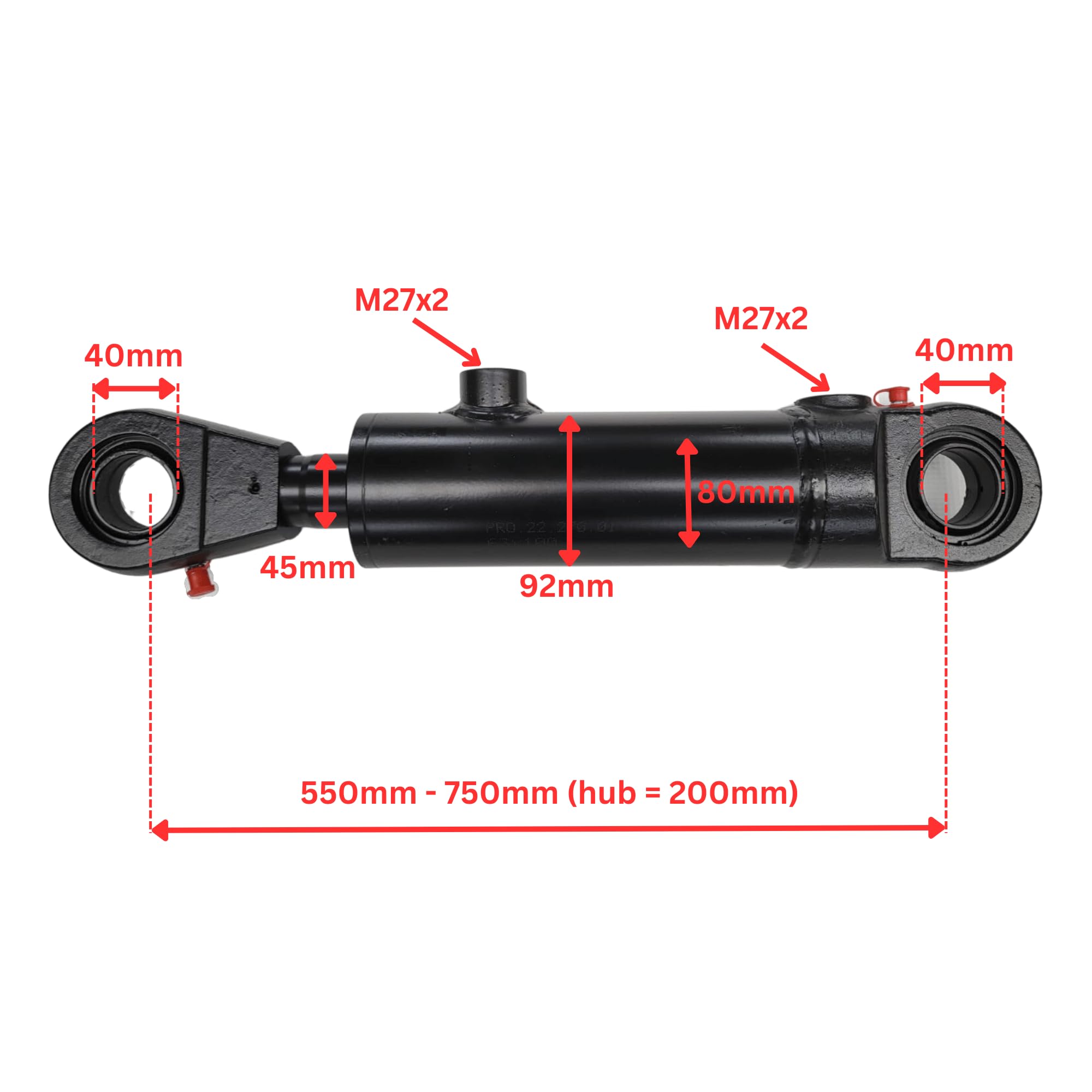 Hydraulikzylinder mit Laschen, doppeltwirkend, Hub 250 mm, Kolben ⌀80 mm, Stange ⌀40 mm - Qualitätshydraulik