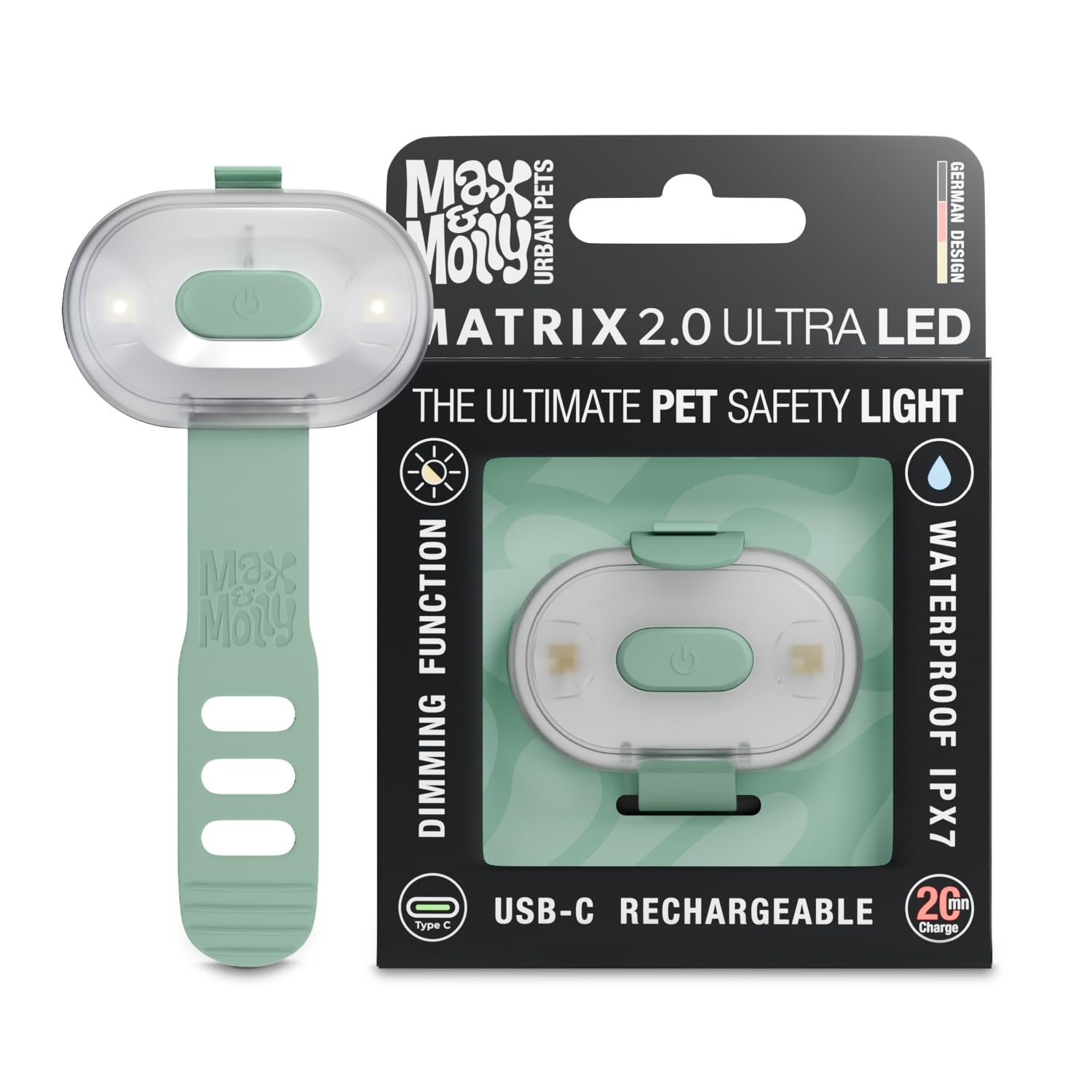 Max & Molly Matrix 2.0 Ultra LED, Hundelicht für Geschirr, Leine & Halsband, Jade, Wasserfest, USB Wiederaufladbar, Hundelampe LED, Hunde Leuchtanhänger für mehr Sicherheit bei Nacht