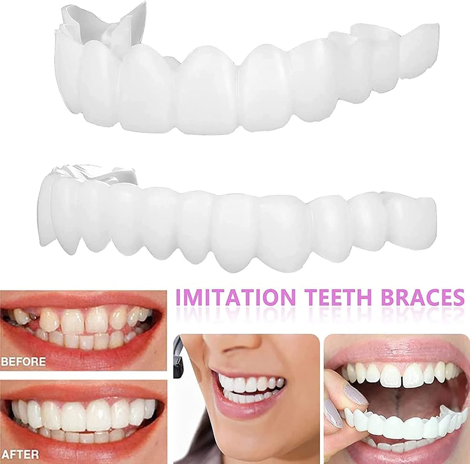 3 Pairs Instant Veneer Dentures Serrated Dentures Top Bottom Temporary Fake Cosmetic Teeth Straightening Braces Covering Whitening Restoration Kit for Men and Women : Health & Household