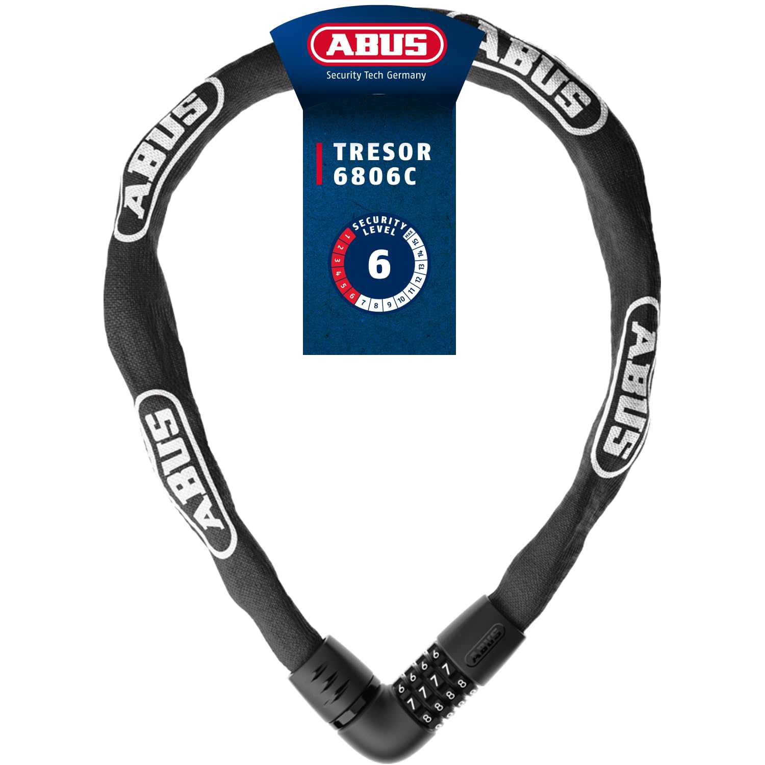 ABUS Chain Lock Tresor 6806C - Combination Lock with 360° Bolt, 6 mm Thick Steel Chain, 4-Digit Combination Code - Bike Lock with Security Level 6 - Length 85 cm, Black