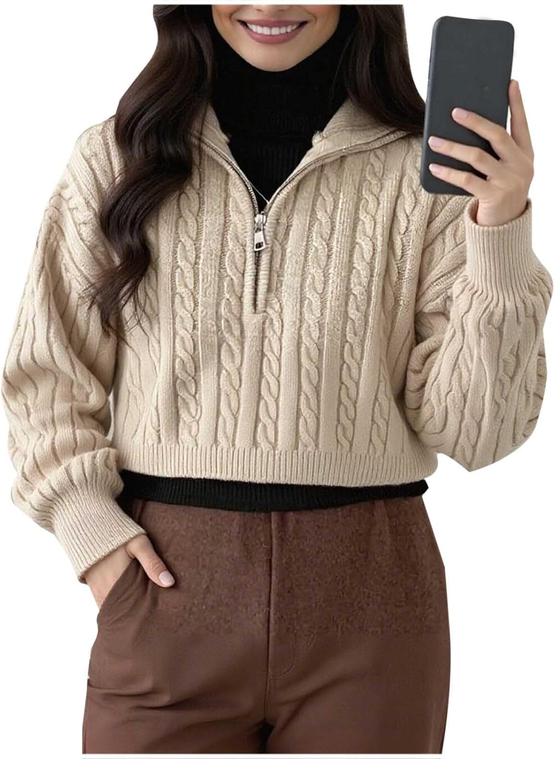 Women's Zipper Neck Sweater - Casual Loose Fit Long Sleeve Top with High-Neck Zip, Solid Cashmere Pullover for Winter