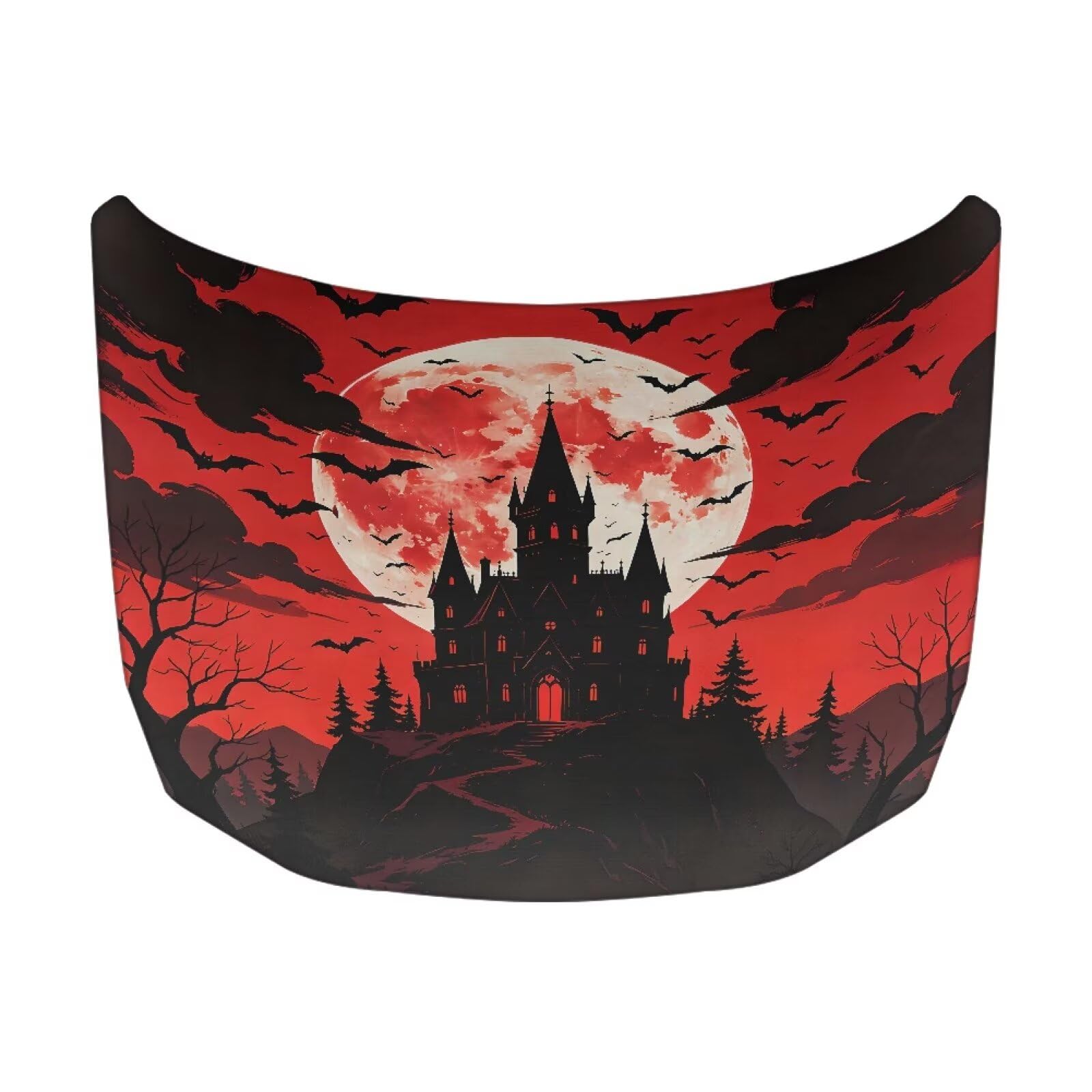 Haunted Castle Bat Print Car Hood Cover Easy to Install Fabric Hood Cover Halloween Vehicles Decorate Engine Removable Automotive Accessories Personalized Suitable for Cars(59×39 Inch)