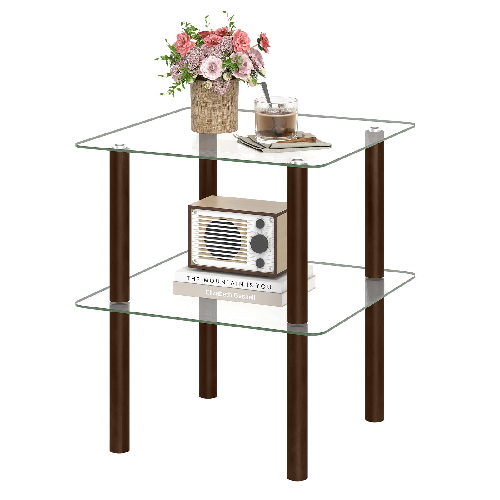 Giantex Square End Table, 2-Tier Sofa Side Table with Clear Tempered Glass Top &amp; Shelf, Small Accent Table with Solid Rubber Wood Legs for Living Room Bedroom Home Office (Brown &amp; Clear)