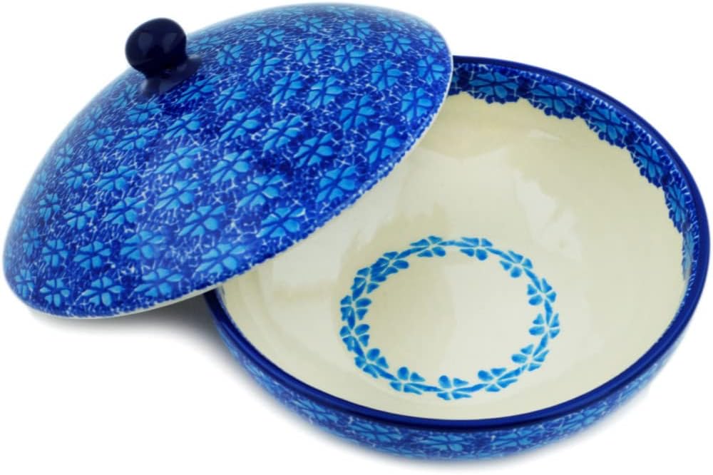 Polmedia Polish Pottery Jar with Lid - Deep Into The Blue Sea Pattern Handmade in Boleslawiec Poland by Ceramika Artystyczna + Certificate of Authenticity