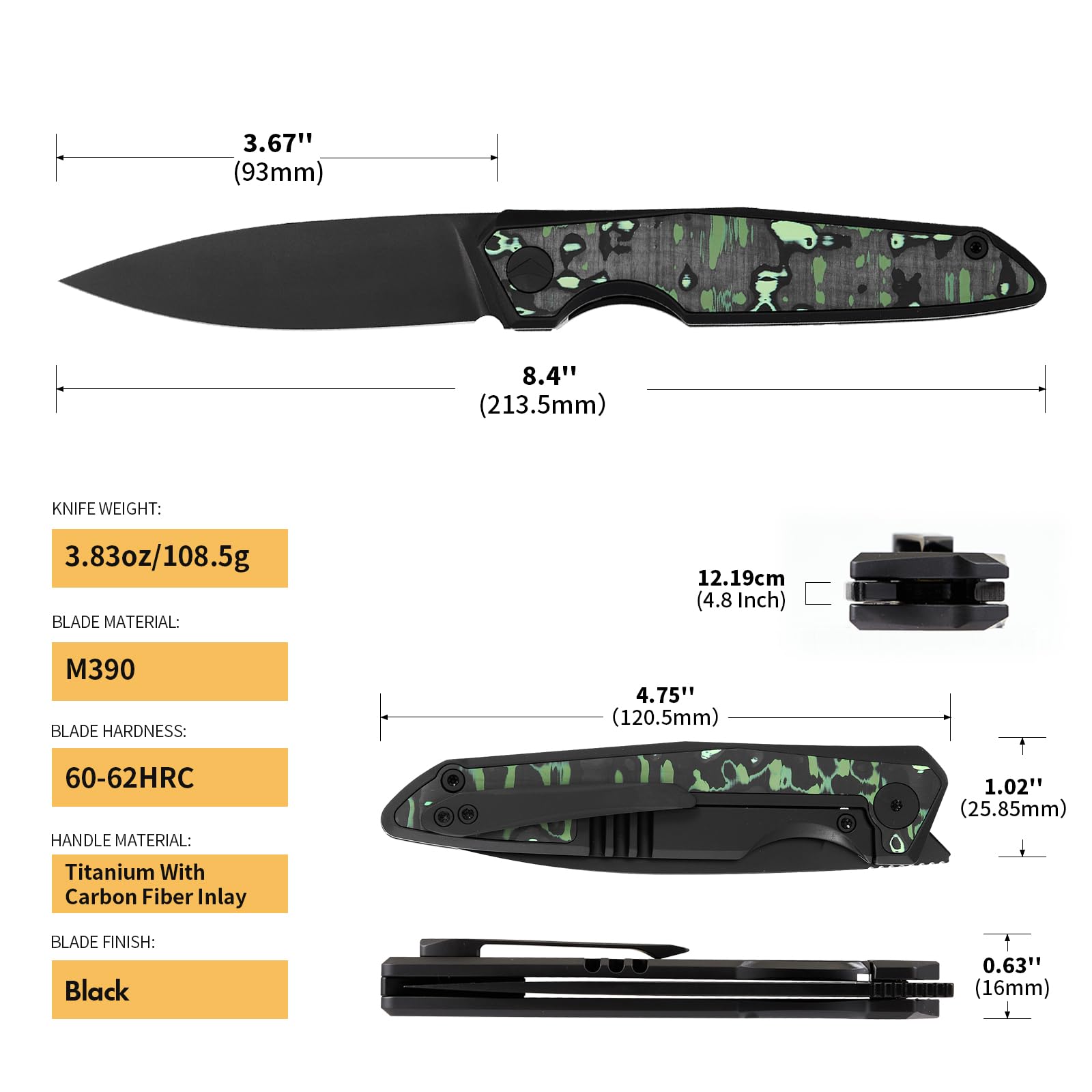 Taschenmesser Klappmesser Outdoor Messer Survival Messer EDC Einhandmesser mit Taschenclip, Tasche - M390 Stahl, Griff mit Titan- und Kohlefasereinlage - Männer Geschenk (Grün & Schwarz)