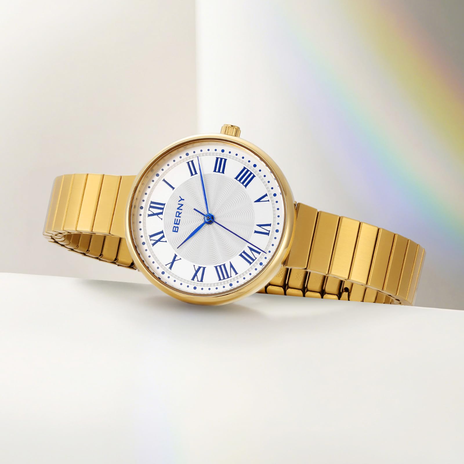 BERNY Relojes de Oro para Mujer Reloj de Pulsera Vintage Damas Relojes Analógicos de Cuarzo con Banda Extensible de Acero Inoxidable 3ATM Resistente al Agua Índices Romanos