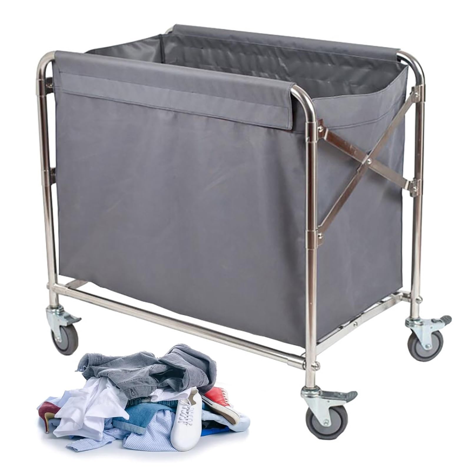 Carro Clasificador de Ropa Plegable, Cesto de Lavandería Comercial para Hotel con Estructura de Acero y Bolsas Extraíbles, Capacidad Total 280 L, Capacidad de Carga 200 Kg/440 Lb(Gray,60x90x88cm)