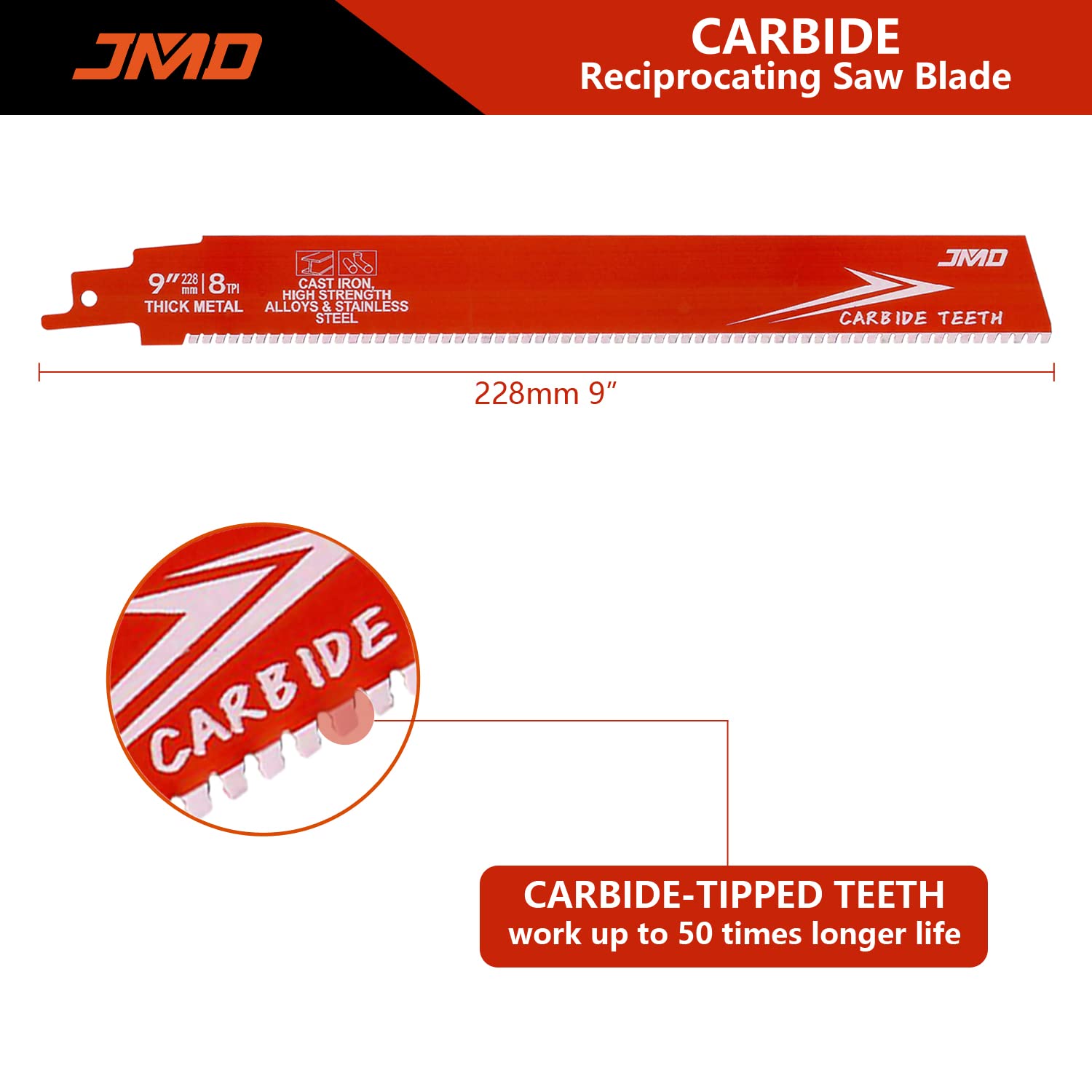 JMD 3-Pack 8TPI 228mm Carburo Lames Sega Gattucio per Metallo Spesso Lames Seghetto Gattuccio Carburo per Ghisa e Acciaio Legato Compatibile con Milwaukee Makita Dewalt Ryobi ecc