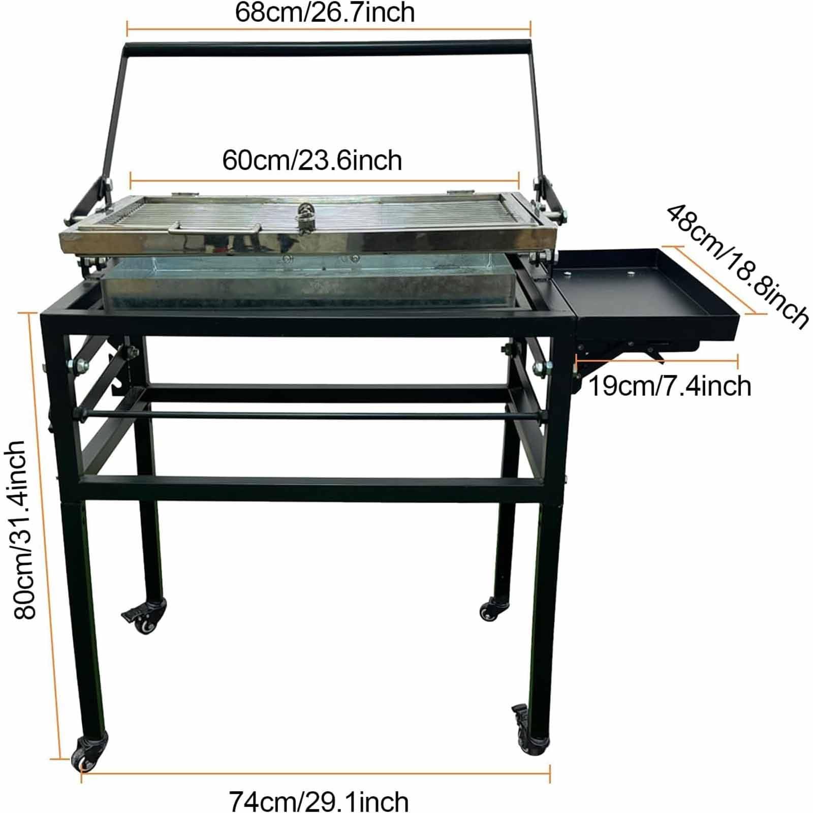 Grill węglowy z wózkiem, wytrzymały kwadratowy grill zewnętrzny, wyjmowany, obrotowy ruszt do gotowania o 360 stopni, stojący grill do gotowania z kółkami do biwakowania