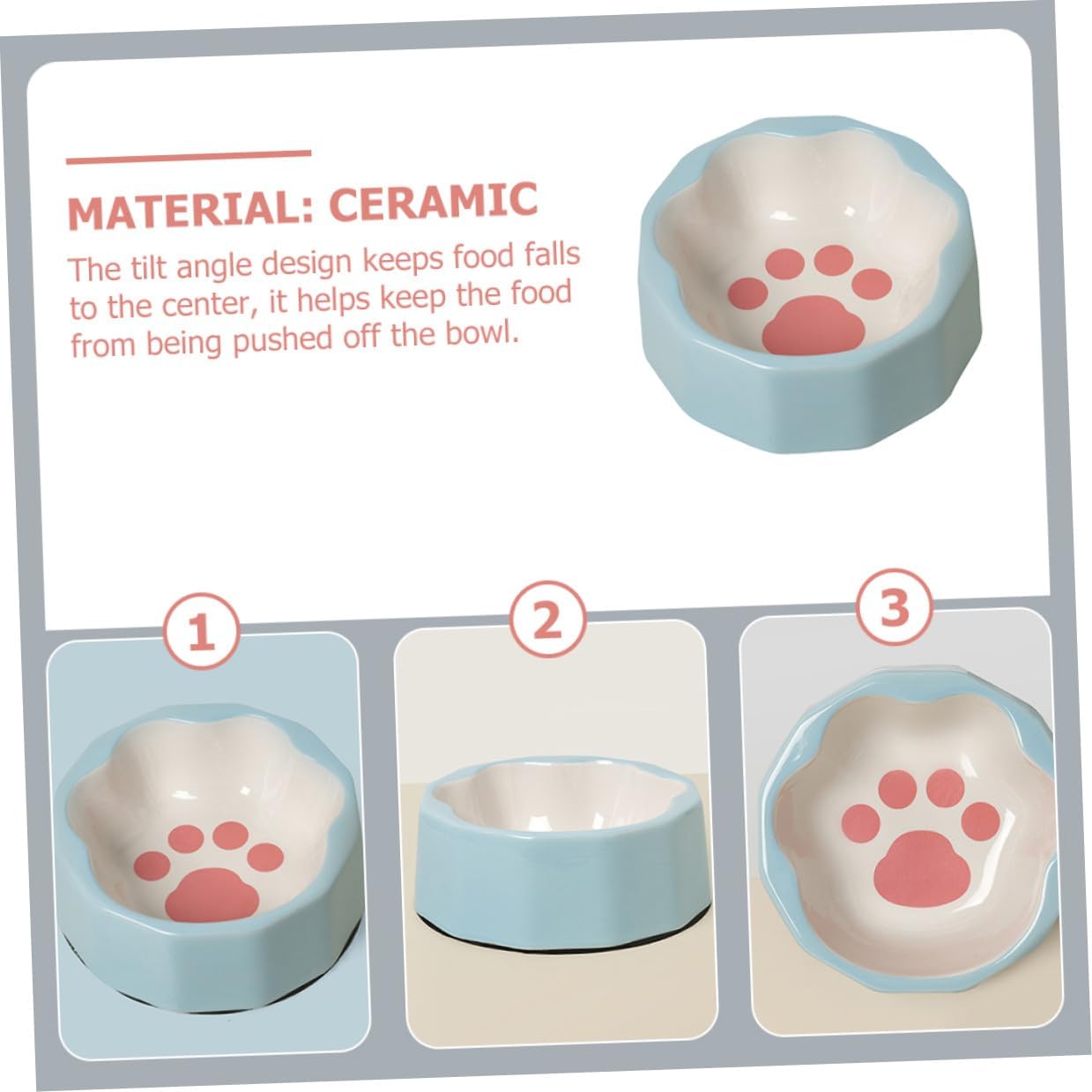 Ceramic Pet Bowl Slanted Cat Dish Small Blue Animal Paw Print Food and Water Bowl for Cats and Dogs Whisker Fatigue Relief