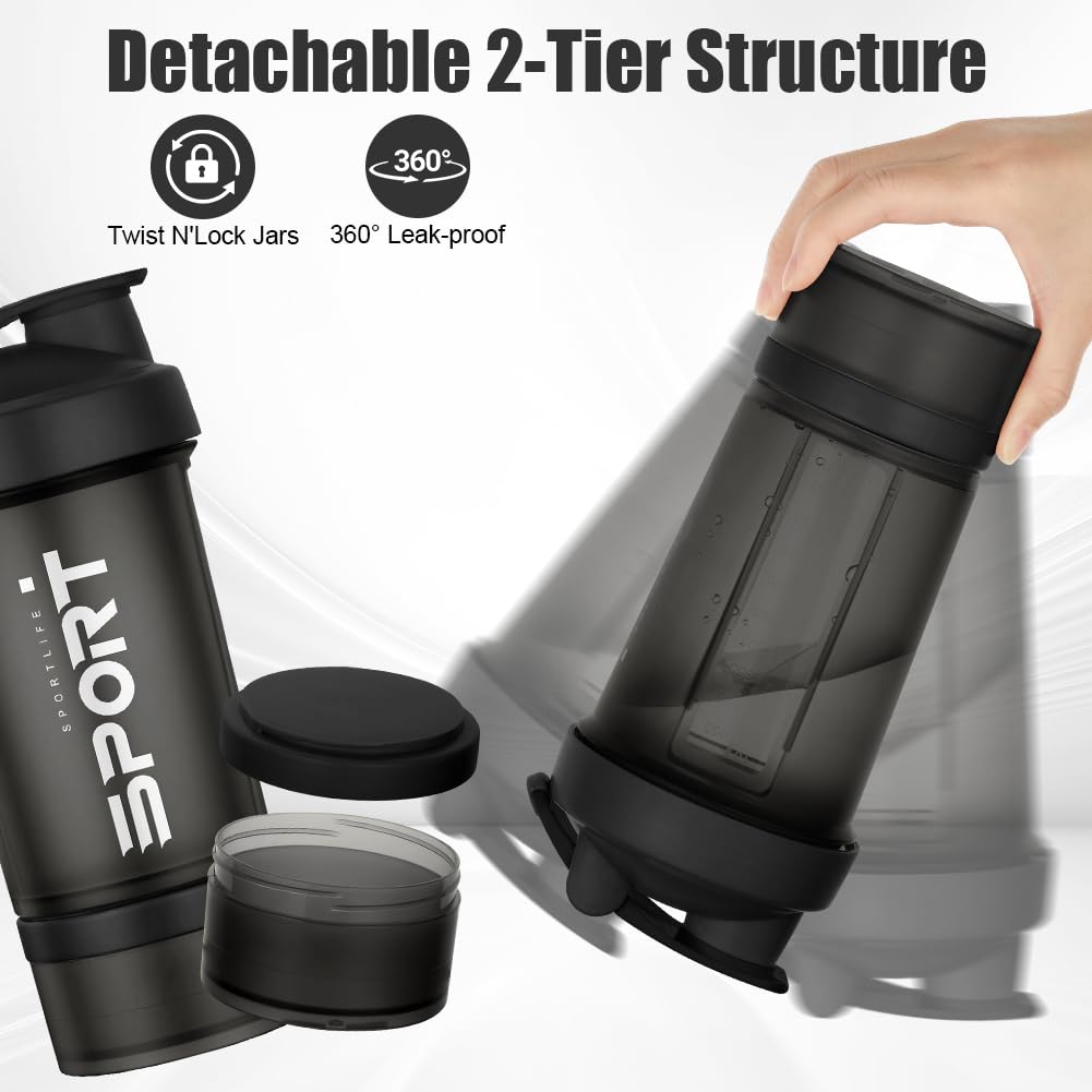 Shaker proteinowy, 2 sztuki, 500 ml, shaker proteinowy, shaker fitness z 2 kulkami do mieszania ze stali nierdzewnej, nie zawiera BPA, ze skalą pomiarową do proteinowego shake'a (G czarny +
