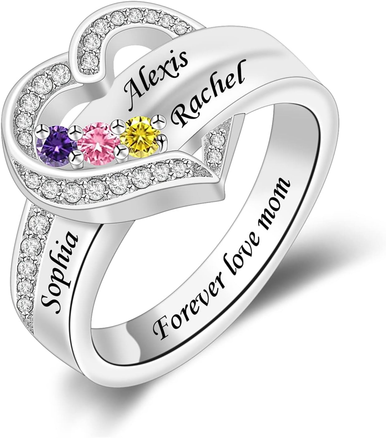 Personalized 925 Sterling Silver Mothers Ring with 1-8 Birthstone Custom Engraved Name Ring Family Birthstone Ring for Women Mom Grandma Daughter (3 stones)
