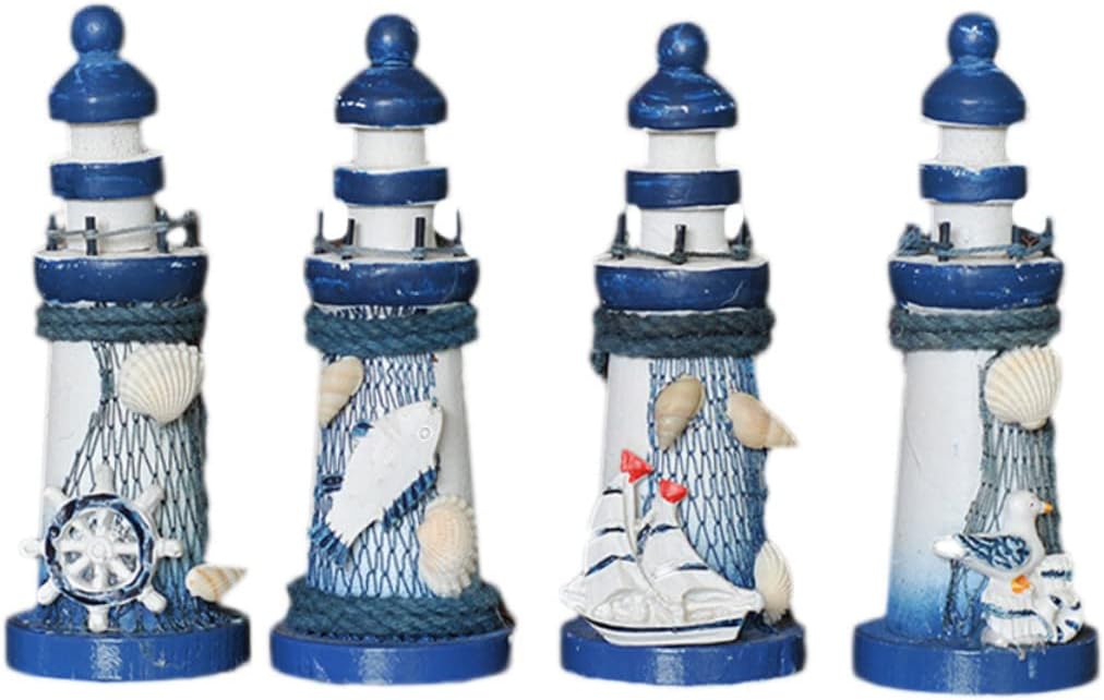 Wooden Lighthouse Figurine 5.11 Inch Pine Wood Mediterranean Style