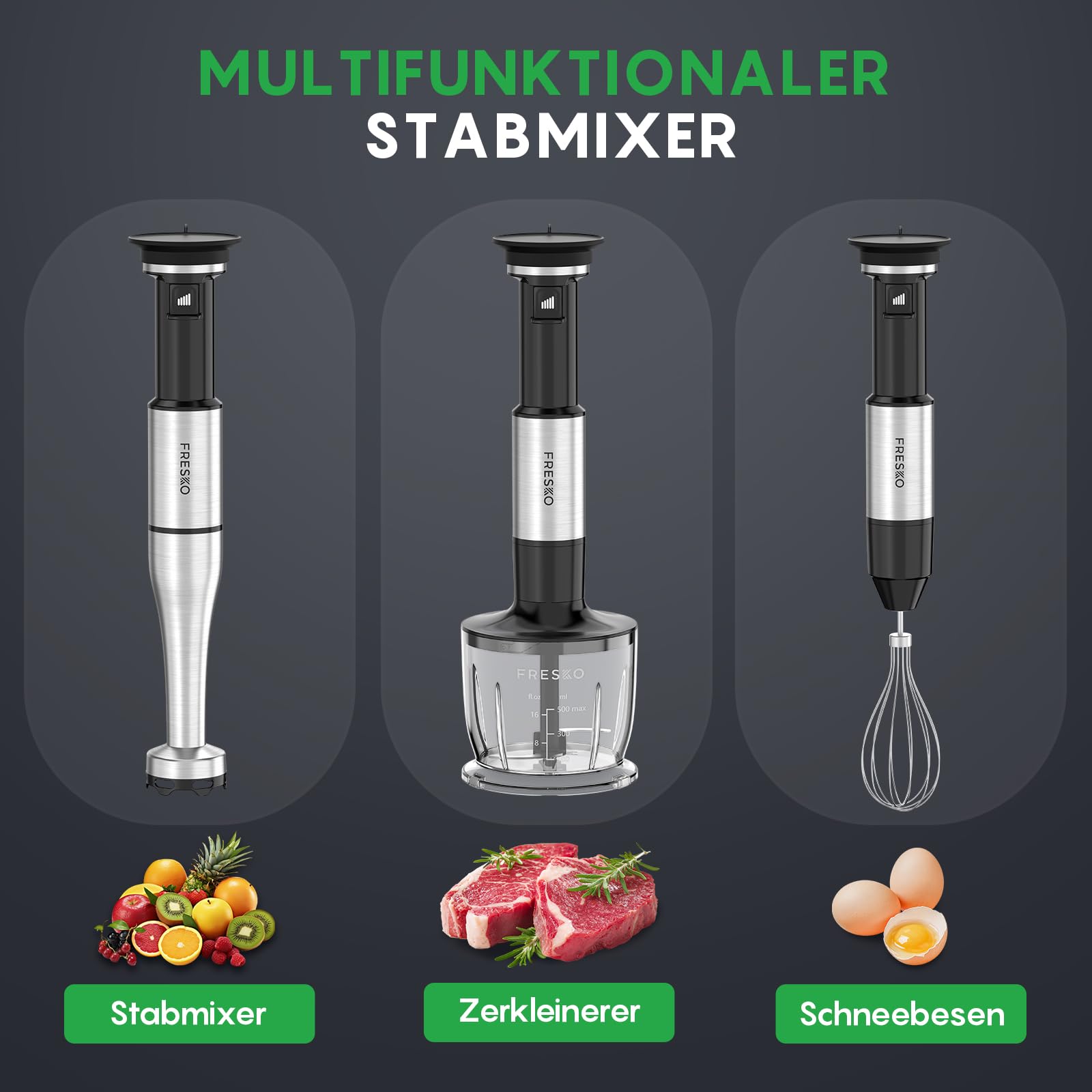 FRESKO Stabmixer 1000W mit Zubehör-Set, Stufenlose Geschwindigkeitsregelung | Pürierstab Edelstahl, Schneebesen inkl., 500ml Lebensmittelhacker, Messbecher mit Deckel & Schutzhülle