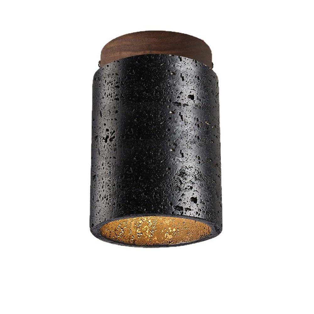 ITOSUI Nordic Industrial Flush Mount Ceiling Light Black Travertine Stone 4.3-Inch Cylinder Lamp with Wood Base for Balcony Porch Sunroom Corridor E26 Socket