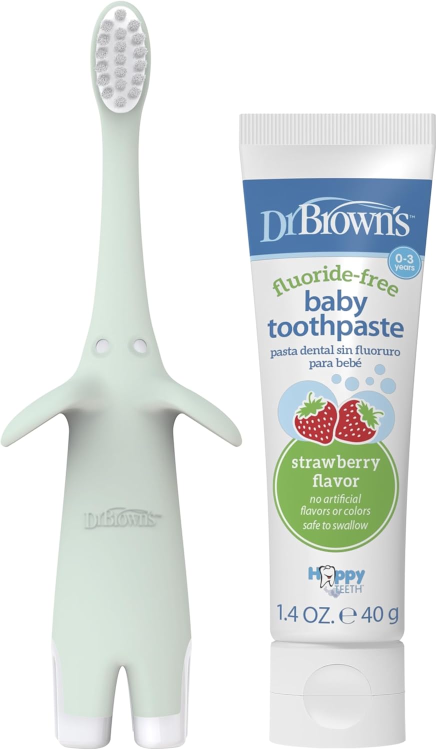 Dr. Brown’s Infant-to-Toddler Training Toothbrush Set, Mint Elephant with Fluoride-Free Strawberry Baby Toothpaste, 0-3 years