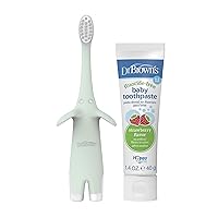 Vista 2 de Dr. Brown's Juego de cepillos de dientes de entrenamiento para bebés y niños pequeños, elefante de menta con pasta de dientes de fresa sin flúor