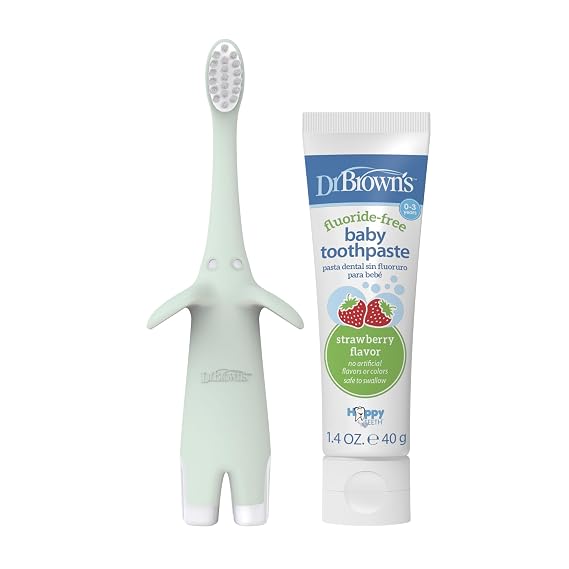 Dr. Browns Infant-to-Toddler Training Toothbrush Set, Mint Elephant with Fluoride-Free Strawberry Baby Toothpaste, 0-3 years