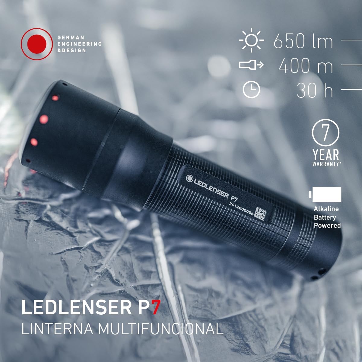 Ledlenser P7 Linterna LED, 650 lm, 400 m, IP54, 30 h, 175 g – Potente con 4×AAA para camping, senderismo