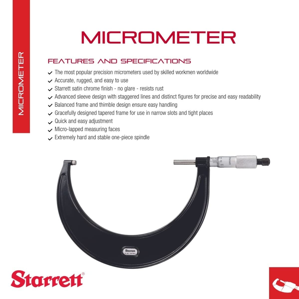 Starrett Outside Micrometer with One-Piece Spindle, Satin Chrome Finish and Advanced Sleeve Design - Quick and Easy Adjustment, 125-150mm Range, .001mm Graduation - V436.1MXRL-150