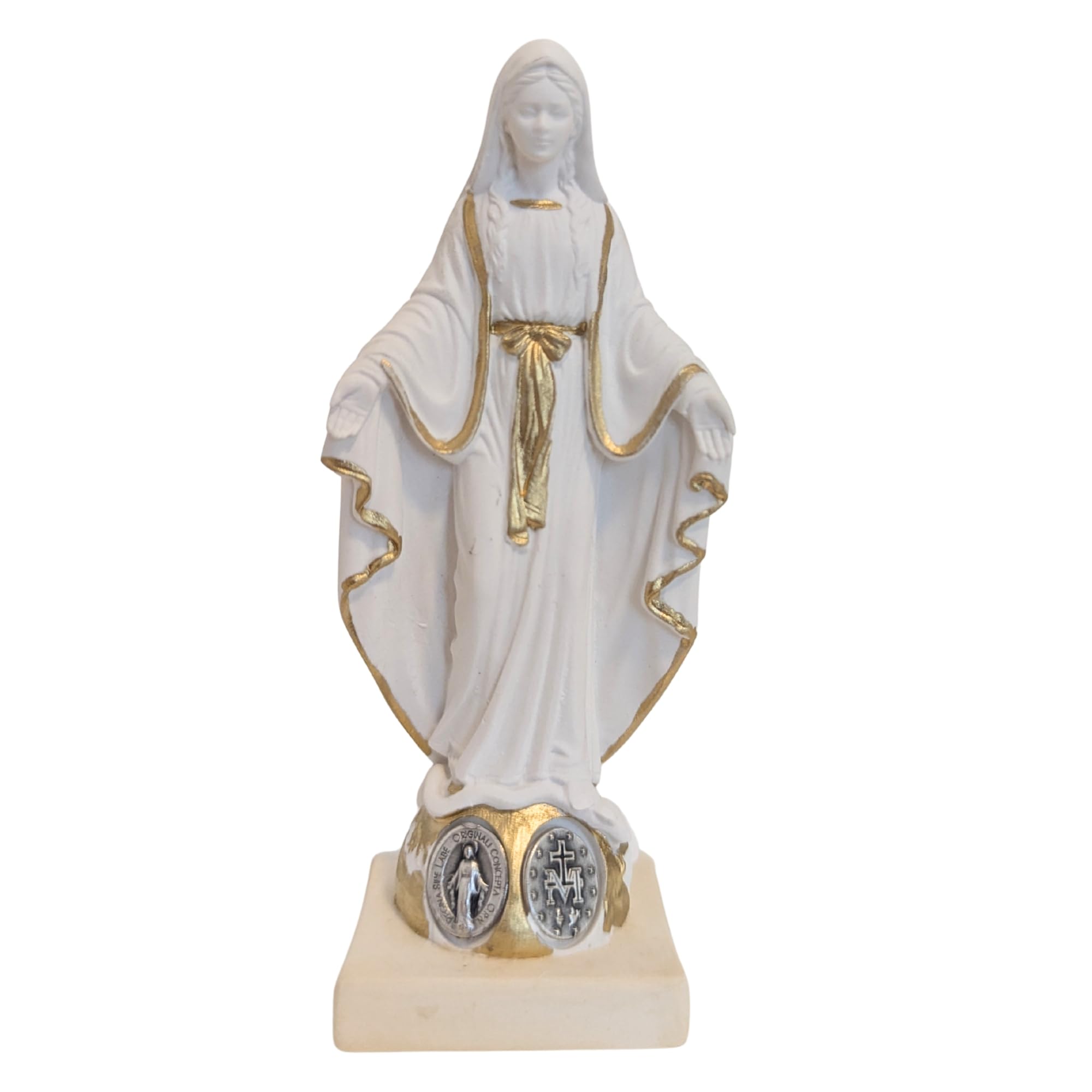 OVUNQUE PROTEGGIMI Statua Madonna Miracolosa o Immacolata Concezione cm 10, in Polvere di marmo. Piccola Statuetta della Madonnina. Medaglia Miracolosa in metallo.
