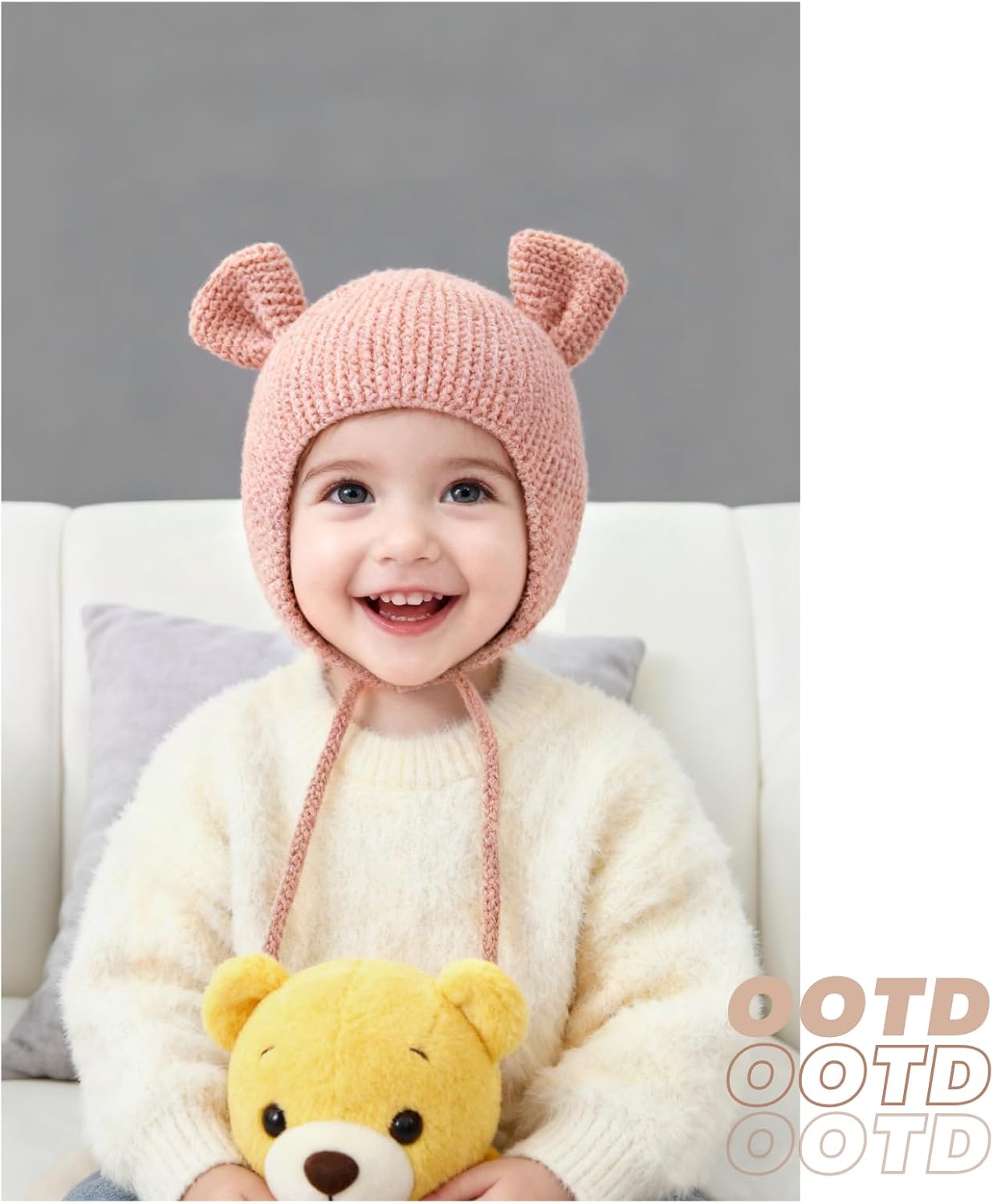 Baby Beanie with Earflaps Winter Knitted Hat Adorable Ears & Chin Strap Warm for Infant Toddler Boy Girl 6-24 Months - Image 3