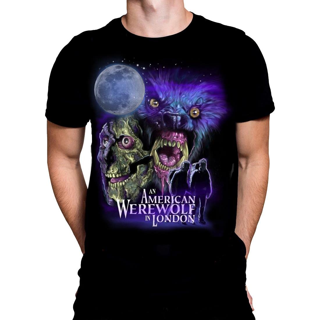 Wild Star HeartsAmerican Werewolf Full Moon Mens Tshirt Halloween Gothic Horror Print, Black Graphic T-Shirt, Movie Poster Tee